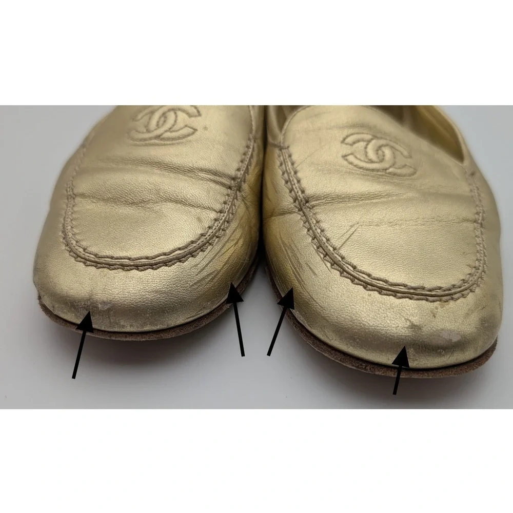Chanel Gold Metallic Leather CC Logo Loafers Flats Made in Italy Size 39.5